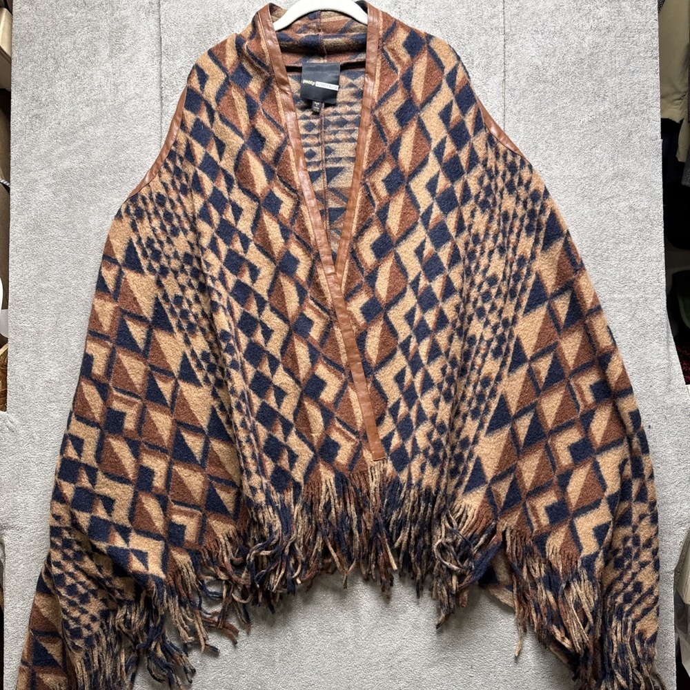 Plenty Tracy Reese Shawl XS Brown Blue‎ Geometric Fringed Bohemian Wrap Cover Up